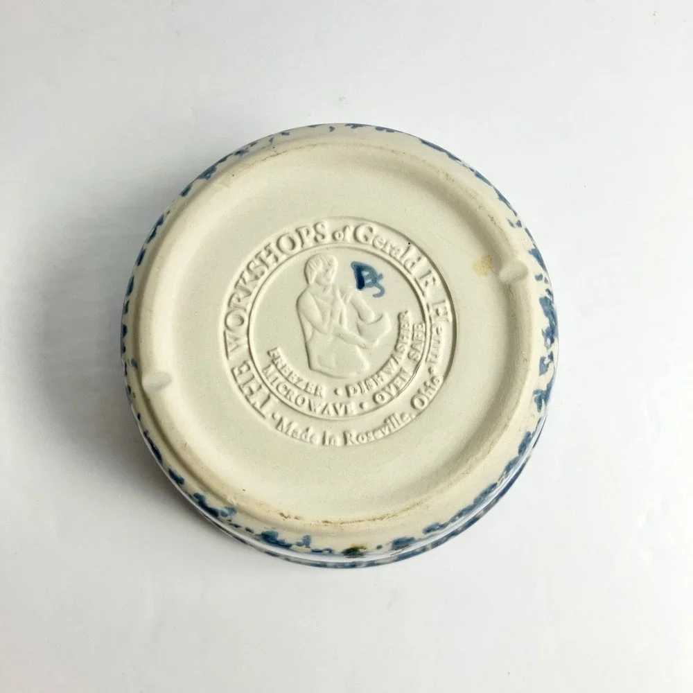 Workshops of Gerald Henn, Roseville Blue Spongeware Butter Dish with Wooden Lid